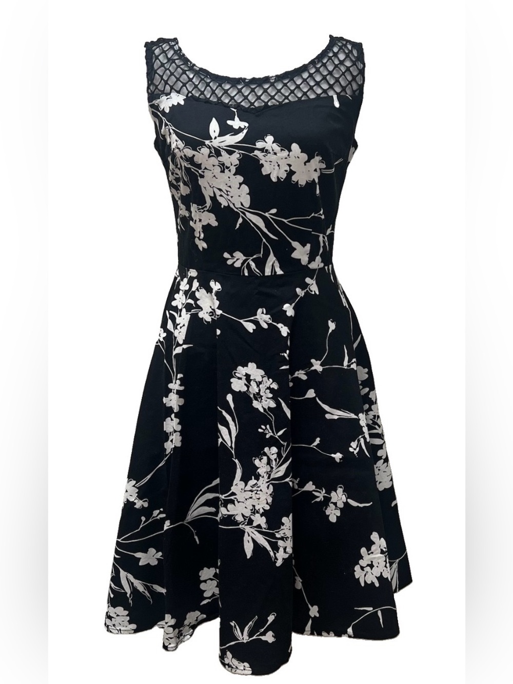 Sucrefas Black & White Floral Fit-and-Flare Dress with Mesh Yoke M